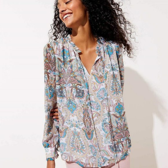 LOFT Tops - LOFT | Plus Paisley Shirred Tie Neck Blouse